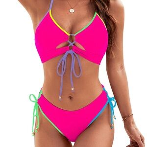 Neon Pink Bikini with Colorful Trim Size L/0064